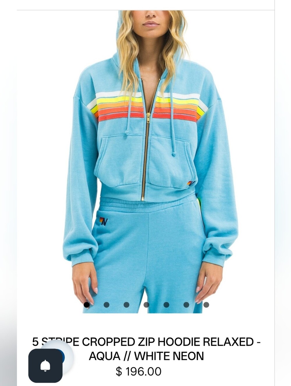 NEW AVIATOR NATION 5 stripe cropped zip hoodie in Relaxed Aqua/white neon